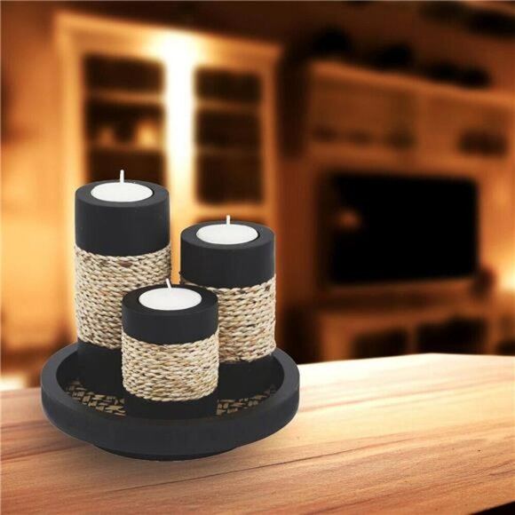 Tealight Candle Holders Set of 3 with Wooden Tray Home Decor Centerpiece - Picture 4 of 7